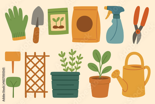 Gardening tools icon set. plant care essentials in flat style