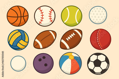Sports ball icon set: flat icons for football, basketball, tennis, golf, and more