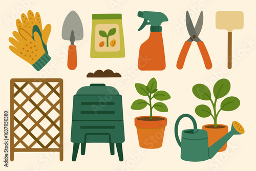 Gardening tools flat icon set. plant care and garden equipment illustration collection