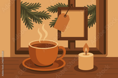 Warm cup of coffee beside a candle in a cozy setting with window view during winter evening