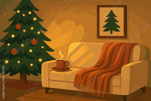 Cozy living room with decorated Christmas tree, warm blanket, and steaming cup of coffee during winter evening