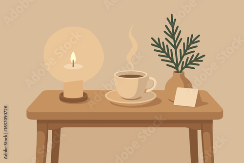 Warm cup of coffee and candlelight create a cozy atmosphere on a wooden table with a green plant nearby