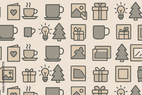 Creative pattern design featuring cups, gifts, trees, and light bulbs set against a beige background, perfect for holiday themes or cozy retreats