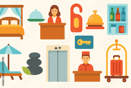 Hotel, hospitality flat icon set: reception, service, booking, concierge, amenities