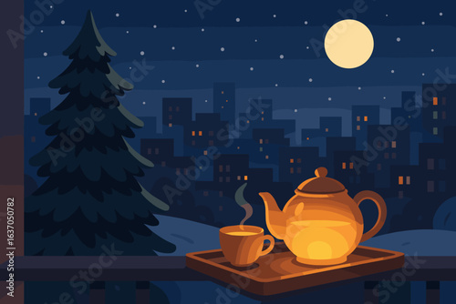 Serenity of a moonlit evening with tea and a cozy atmosphere in the city