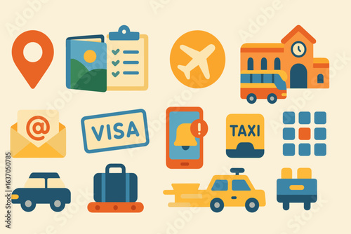 Travel and tourism flat icon set: vacation, trip essentials, transport visuals
