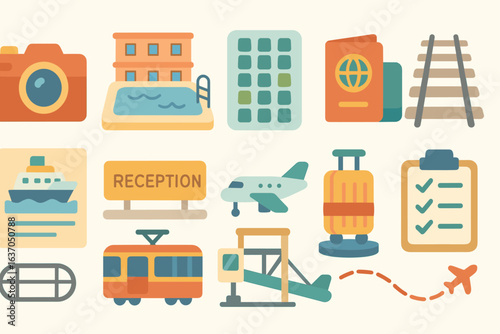 Transportation and travel flat icon set. journey, vacation, airport essentials collection