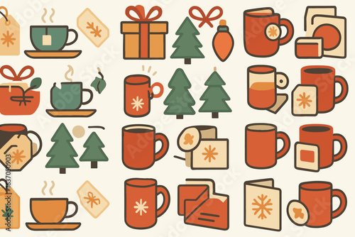 Festive drink and gift illustrations featuring mugs, trees, and holiday decorations in a cozy design