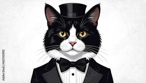 Stylish cat in top hat and tuxedo