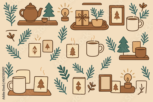 Cozy winter arrangements featuring tea, candles, and decorative elements in a warm and inviting setting