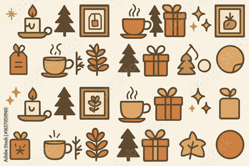 Patterns of winter and holiday elements featuring gifts, trees, cups, and decorations for seasonal celebrations
