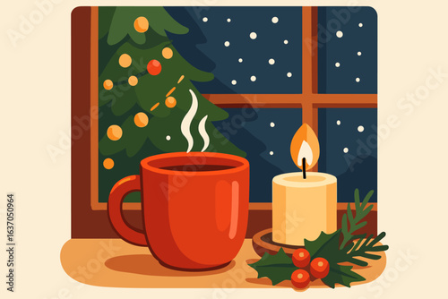 Warm cup of coffee beside a lit candle and festive decorations during a cozy winter evening