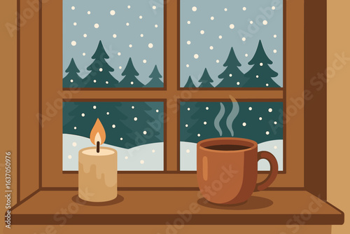 Cozy winter scene with steaming cup and candle by the window overlooking snow-covered trees