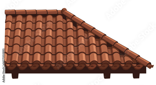 Terracotta roof tiles in traditional design with slanted edge, white background, isolated, vector      
