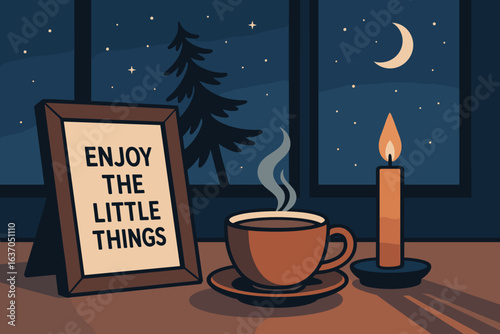 Cozy evening at home with candlelight, warm coffee, and a motivational sign overlooking a starry night