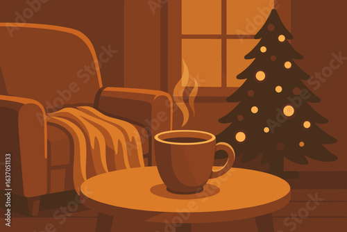 Cozy winter evening with warm coffee, a comfortable chair, and a beautifully decorated Christmas tree