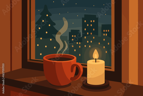 Cozy winter evening with hot coffee and candlelight beside a frosty window view of city skyline