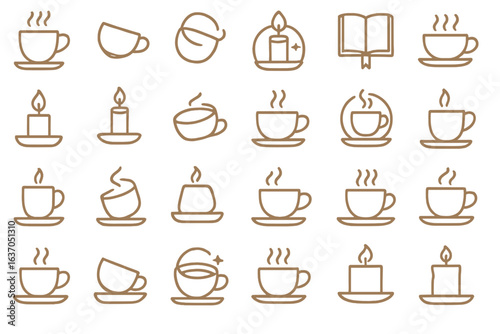 Illustrations show steaming cup of coffee, burning candle, open book, simple designs, and various arrangements
