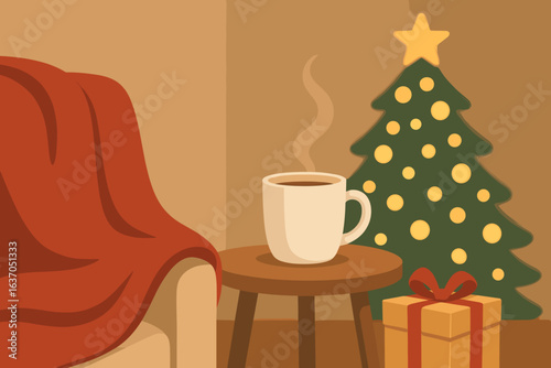 Cozy Christmas morning with a warm drink beside a decorated tree and a thoughtful gift