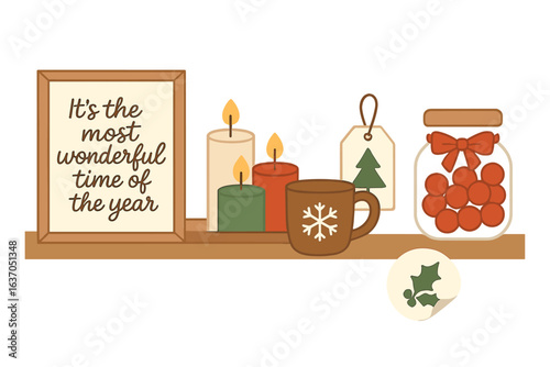 Cozy holiday decor display featuring festive candles, a winter-themed mug, and seasonal accents for a warm atmosphere