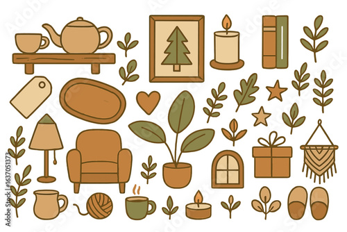 Cozy home decor elements featuring plants, warm colors, and inviting furnishings for a serene atmosphere