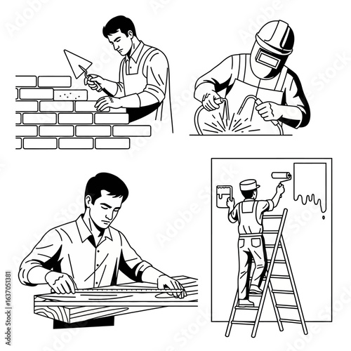 Various construction workers performing their specialized tasks, including bricklaying, welding, carpentry, and painting a wall in a black and white illustration.