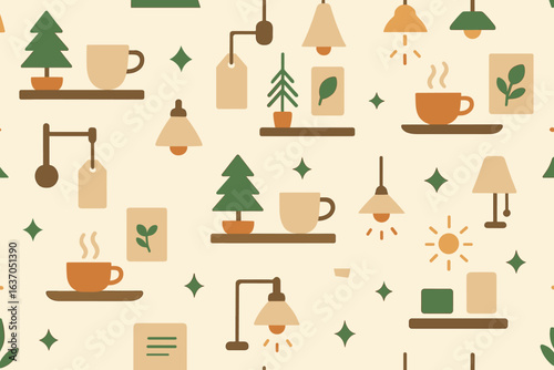 Decorative pattern featuring coffee cups, plants, and lamps in earthy tones for cozy home decor