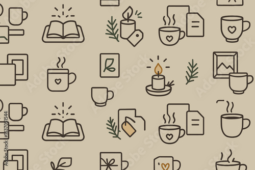 Seamless cozy pattern with books, candles, tea mugs, tags, and botanical elements – minimal line icons on beige background