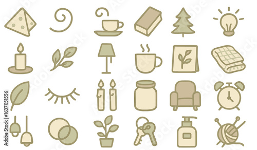 Hygge icon collection on beige background – cozy lifestyle symbols including tea, candles, plants, yarn, and home decor elements