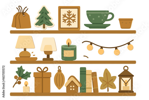 Cozy holiday shelf decor illustration with candles, lights, books, gifts, ornaments, and warm festive elements in soft tones