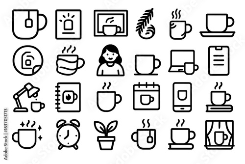 Various icons and symbols related to coffee culture and daily activities in a minimalist black and white style
