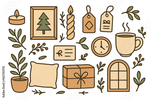 Warm and cozy home decor elements arranged in a creative design showcasing seasonal vibes and comfort