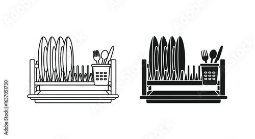 Dish drying rack icon. A vector icon of a kitchen dish rack with plates, bowls, and cutlery, used for drying washed dishes.