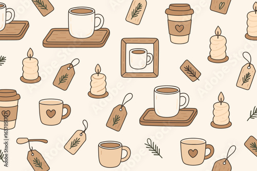 Warm and cozy beverage pattern featuring mugs, candles, and decorative elements for a soothing ambiance