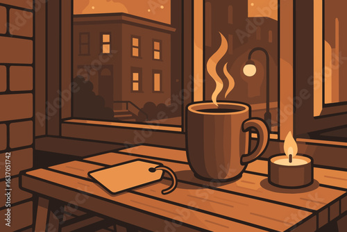 Cozy evening at a cafe with a steaming cup of coffee and candlelight beside a window overlooking a city street