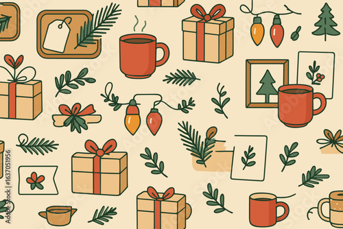 Festive decorations featuring coffee cups, gifts, and holiday lights in a cheerful arrangement