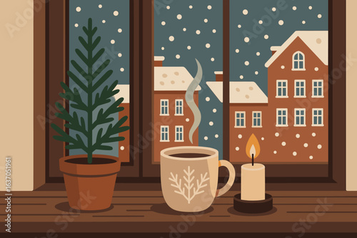 Cozy winter view of snowy streets from a warm indoor setting with a steaming cup and candle