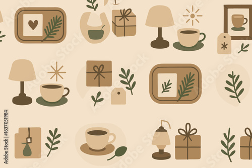 Decorative pattern featuring cozy elements such as cups, plants, and gifts in earth tones on a soft background