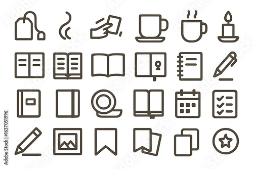 Collection of minimalistic icons representing daily activities and essentials for productivity and organization in a workspace