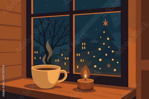 Warm coffee and candlelight create a cozy atmosphere by a winter window with a decorated Christmas tree visible outside at night