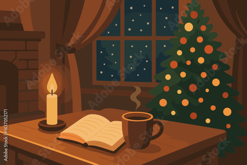 Cozy winter evening with a warm cup, open book, and Christmas tree near a glowing candle