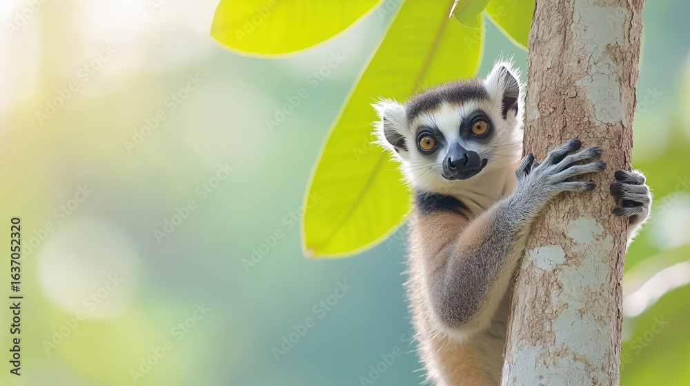 Fototapeta premium Lemur catta climbing a tree in the wild