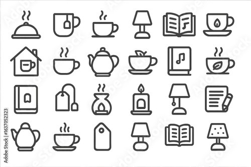 Various icons representing cozy home activities with tea, books, and warm lighting in a comfortable space