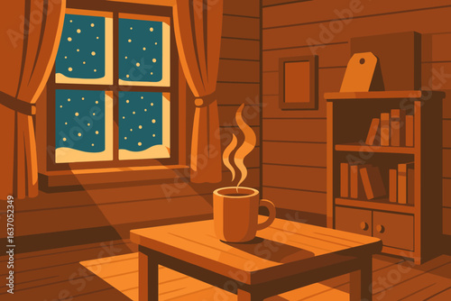 Cozy winter cabin interior with warm drink and snowfall outside at twilight