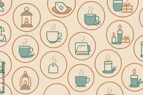 Warm beverages and cozy ambiance depicted in various icons representing relaxation and comfort