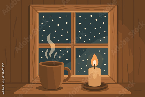 Cozy winter evening with steaming coffee and candlelight illuminating snowy night outside
