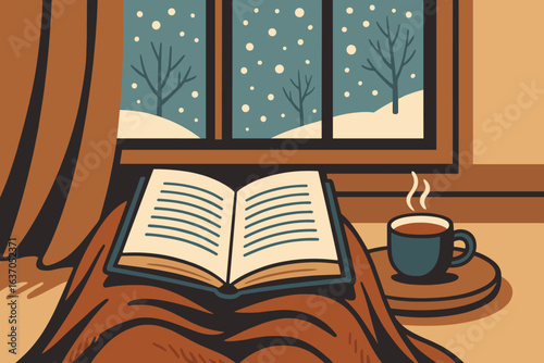 Cozy indoor winter reading with a warm drink and snow outside the window