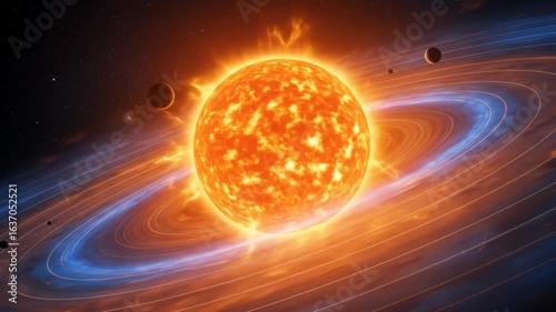 A luminous sun at the center, encircled by a striking blue ring. Planets scattered in the cosmic backdrop, with bright colors enhancing the celestial atmosphere.