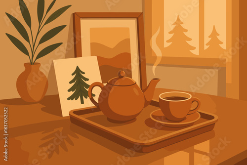 Warm and inviting tea set on a wooden table surrounded by cozy decor in a tranquil room