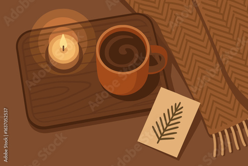 Warm drink and candle on a cozy blanket with a botanical illustration during a relaxing afternoon at home